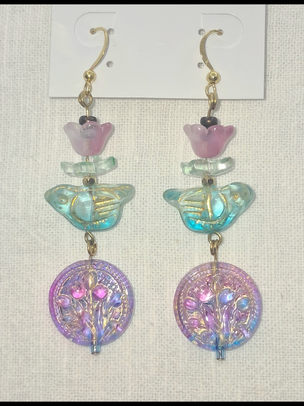 Nature Inspired Czech Glass Bird & Floral Drop Dangle Earrings Jewelry Colorful - Picture 5 of 8